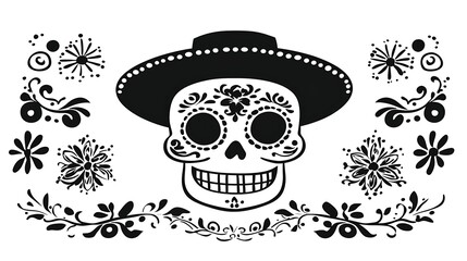 Sugar skull with floral design and hat.