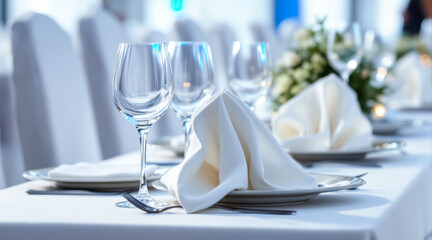 Fototapeta premium elegant white table setting with folded napkins and wine glasses