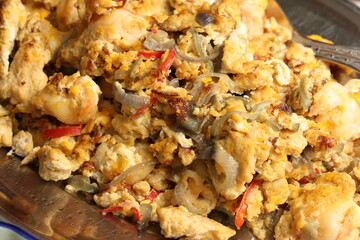 Delicious fried prawn scrambled egg with chilli onion