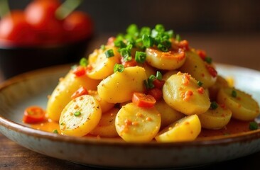 Potato with vegetables in wooden bowl. Potato with greens on setting table, close up	