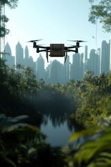 Eco-Friendly Drone Delivering Packages Over a Lush Green Landscape