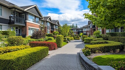 Fototapeta premium Condo apartment in a lush green setting beautifully landscaped garden with sculpted hedges, clean pathways, and vibrant flowers. 