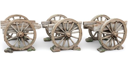 Fototapeta premium Three antique wooden carts, weathered, isolated on white.
