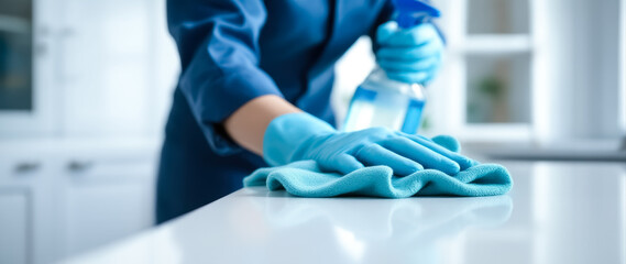 person in blue gloves carefully cleaning a white surface with a soft blue cloth