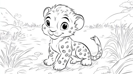 Cute cheetah cub in the wild. Coloring book image.  Possible use in children's book illustrations.