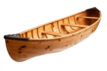 Wooden canoe on white backdrop for recreation, travel, sport, and craftsmanship