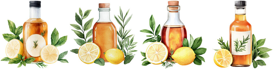 Apple cider vinegar wellness and metabolism, A collection of decorative bottles filled with various liquids, accompanied by fresh lemons and green leaves.