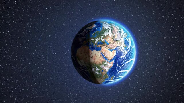 A video frame of Earth from space, showcasing a top-down angle. The planet is surrounded by a starry backdrop, highlighting its vibrant colors. Live desktop wallpaper.