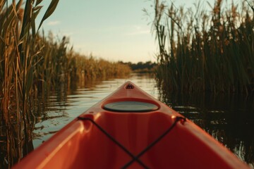 Fototapeta premium Kayaker navigates a river lined with tall reeds during sunset. Outdoor activity
