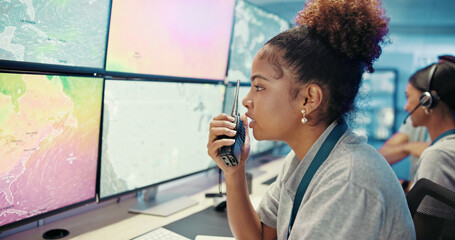 Screen, monitor and woman for radio report for news, research and reporter. Communication, weather...