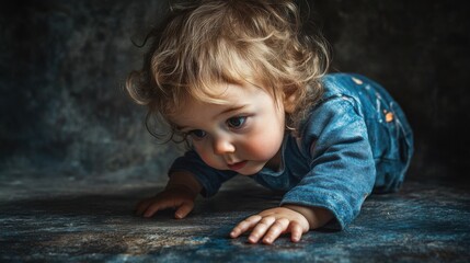 Fototapeta premium Adorable Baby Crawling on Dark Floor