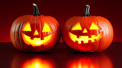 Two illuminated jack-o'-lanterns on dark background.