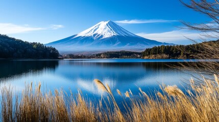 Stunning landscape of mount fuji on a sunny day with reflection in the calm lake foreground