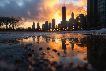 Fototapeta premium Chicago skyline at sunset reflecting on ice for travel and cityscape backgrounds