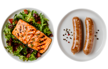 Two food images, one with grilled salmon and salad on the left side of a transparent background 