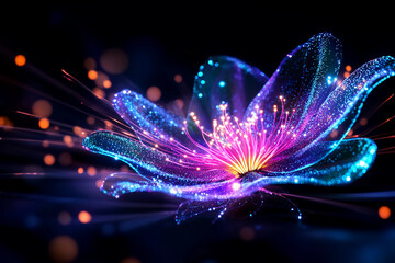 Surreal Glowing Flower with Smooth Aqua, Green, and Violet Petals Surrounded by Soft Glowing Particles and Delicate Light Beams in a Dreamy Fantasy Setting