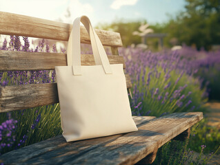 Mockup Rustic Canvas Tote Bag on Wooden Bench in a Lavender Field – Natural and Eco-Friendly Shopping Bag Mockup
