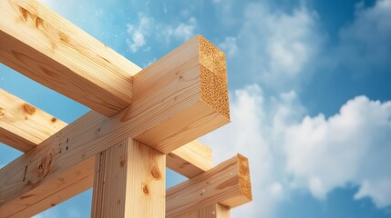 Construction of a wooden structure under a bright sky highlights craftsmanship and materials used in modern architecture