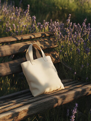Mockup Rustic Canvas Tote Bag on Wooden Bench in a Lavender Field – Natural and Eco-Friendly Shopping Bag Mockup