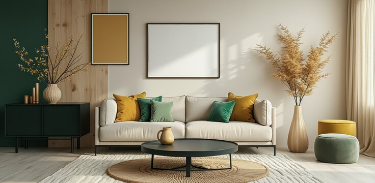 beige sofa with mustard yellow and green cushions in a modern living room