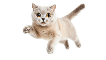 Obraz premium a playful cat appears to be jumping or leaping showcasing its agility and playful nature against a white background