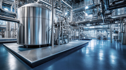 Industrial elegance in a modern distillation plant with stainless steel and blue highlights