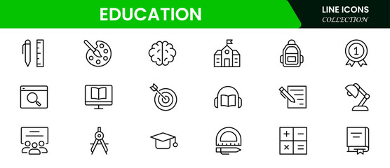 Outline icons of education, studying and science. Includes human brain, fields of study, graduation, school, university and knowledge. Designed for web, mobile, promo materials. Vector illustration.