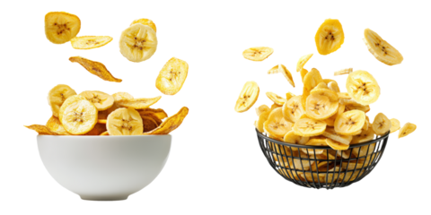 Healthy Snack Ideas for a Clean Eating Lifestyle Concept. Floating Banana Chips in Bowl and Basket with Bright White Background