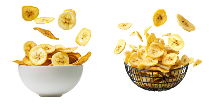 Healthy Snack Ideas for a Clean Eating Lifestyle Concept. Floating Banana Chips in Bowl and Basket with Bright White Background