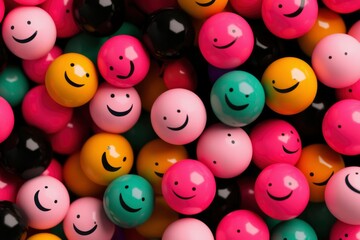 Pile of balls with happy faces. Use in marketing. Multi colored background