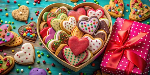 Fototapeta premium A heart-shaped box filled with assorted heart-shaped cookies, sprinkled with colorful candies, and a pink gift box with a red ribbon, resting on a turquoise wood surface.