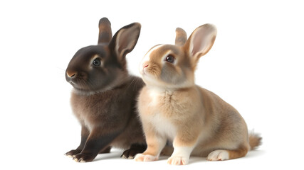 Obraz premium Three-colored new-born rabbit standing and looking at the top. Studio shot, isolated on white background