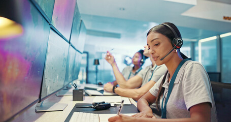 Computer, emergency service and woman with headset for security, dispatcher and operator....