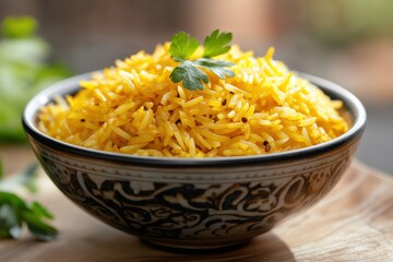 Yellow rice in bowl garnish