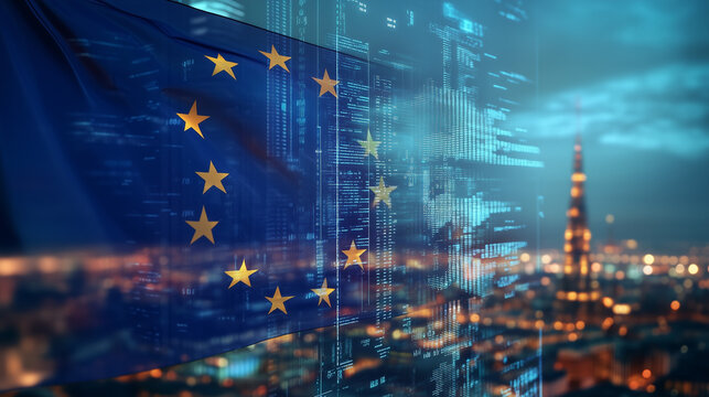NIS2 EU Cybersecurity Directive Concept, European Union Flag with Digital Data Overlay Night Cityscape Background