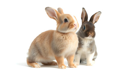 Obraz premium Three-colored new-born rabbit standing and looking at the top. Studio shot, isolated on white background