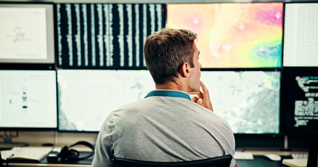 Screen, weather thinking and man for broadcast data with news, research and reporter. Presenter,...