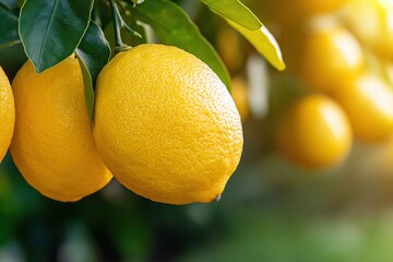 Sunlit lemon tree branch showcasing ripe yellow fruits in a vibrant orchard during a warm afternoon