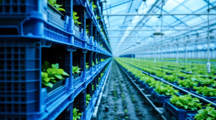 rows of vibrant green seedlings in blue plastic containers inside a greenhouse