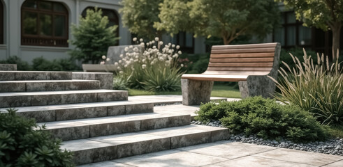 Obraz premium rustic wooden bench in a tranquil setting