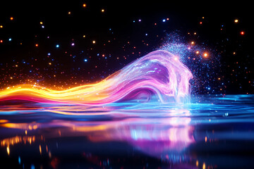 Abstract Holographic Energy Waterfall Cascading Downward with Smooth Reflective Textures and Calming Colors, Creating a Serene and Tranquil Visual Experience