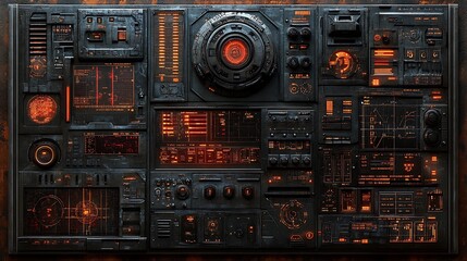 Obraz premium A detailed control panel showing illuminated digital interfaces and controls