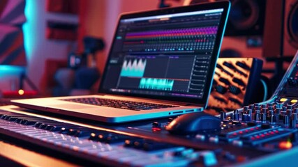 Video with the image of music producer at work, suitable for advertising music equipment, training courses on sound recording.
