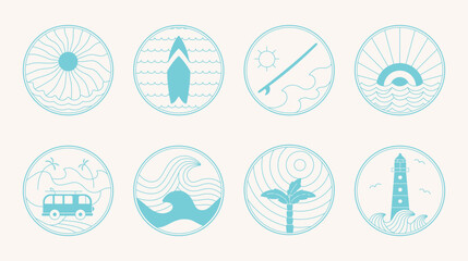 Simple line blue marine badge about ocean, sea, surf. Simple outline round vector stiker, banner, merch desin templates