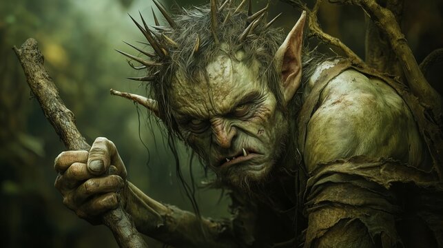 Portrait of an old, dangerous and evil goblin with a stick in the forest. Dark fantasy character. In green theme.