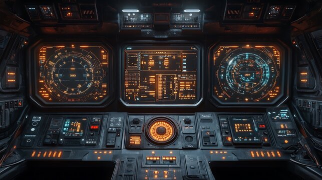 The interior view of a futuristic spacecraft control panel
