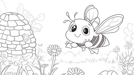 Fototapeta premium Cute bee near beehive, coloring book image, flowers, grass