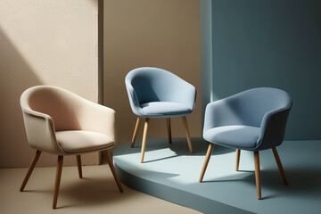 Fototapeta premium three modern upholstered chairs with wooden legs in a minimalist setting