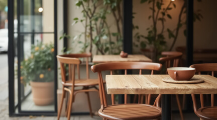 single cup on rustic wooden table in a cafe setting