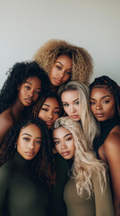 Obraz premium A group picture of women, different skin colors with curly hair stand together in a group photo.